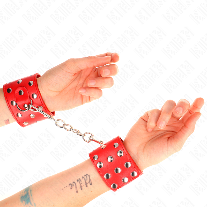 KINK - RESISTENZA DA POLSO CON CHIUSURA A SCATTO COMPLETA DI RIVETTI ROSSO REGOLABILE 19-24 CM X 5,5 CM – Sistemare le manette