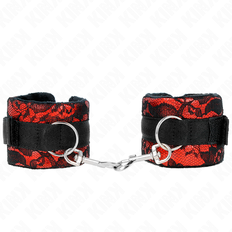 KINK - POLSO CORTO IN PIZZO DI VELLUTO E FASCIA IN NYLON ROSSO / NERO 23 X 6,5 CM – Sistemare le manette – foto 2