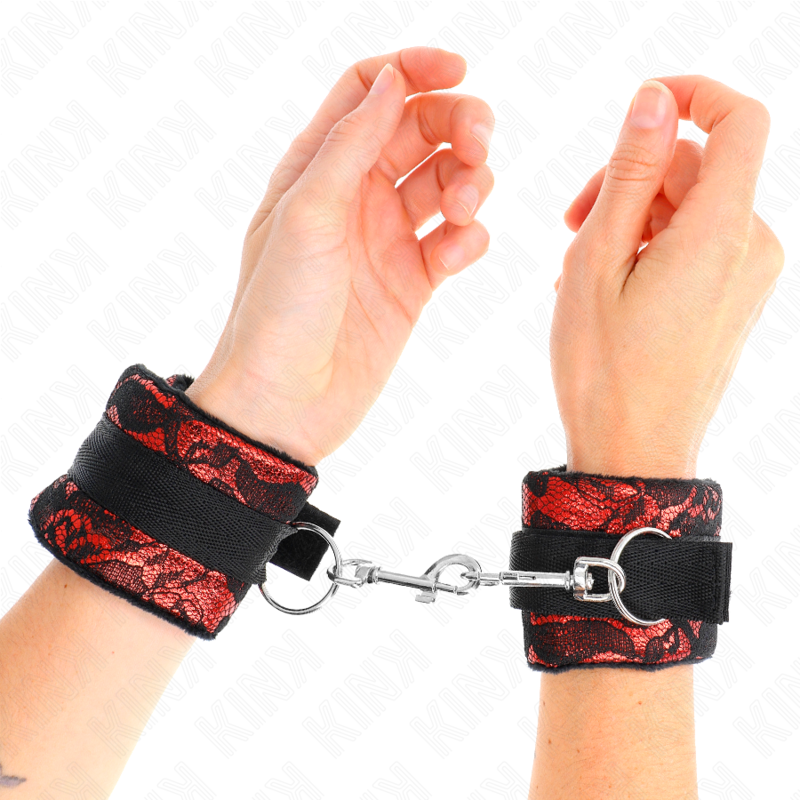 KINK - POLSO CORTO IN PIZZO DI VELLUTO E FASCIA IN NYLON ROSSO / NERO 23 X 6,5 CM – Sistemare le manette