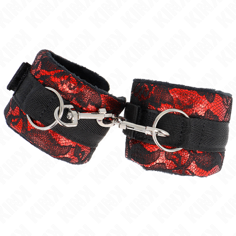 KINK - POLSO CORTO IN PIZZO DI VELLUTO E FASCIA IN NYLON ROSSO / NERO 23 X 6,5 CM – Sistemare le manette – foto 3