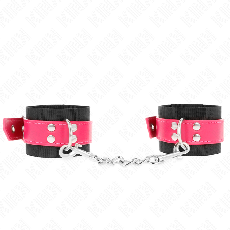 KINK - RESISTENZA DA POLSO IN NYLON NERO CON CINTURA IN SIMILPELLE ROSA LAMPONE REGOLABILE 19-29 CM X 5,1 CM – Sistemare le manette – foto 2