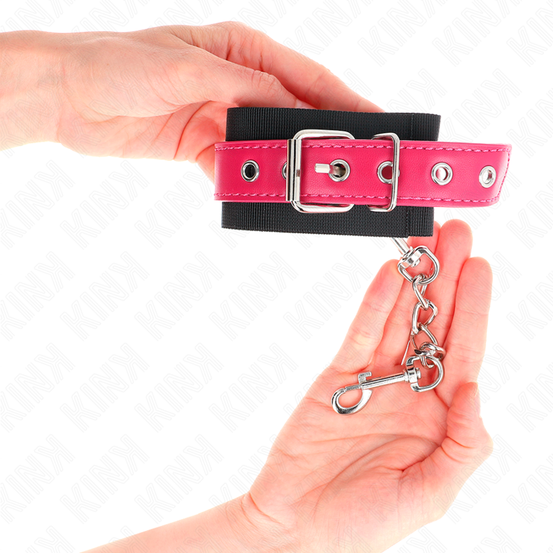 KINK - RESISTENZA DA POLSO IN NYLON NERO CON CINTURA IN SIMILPELLE ROSA LAMPONE REGOLABILE 19-29 CM X 5,1 CM – Sistemare le manette – foto 4
