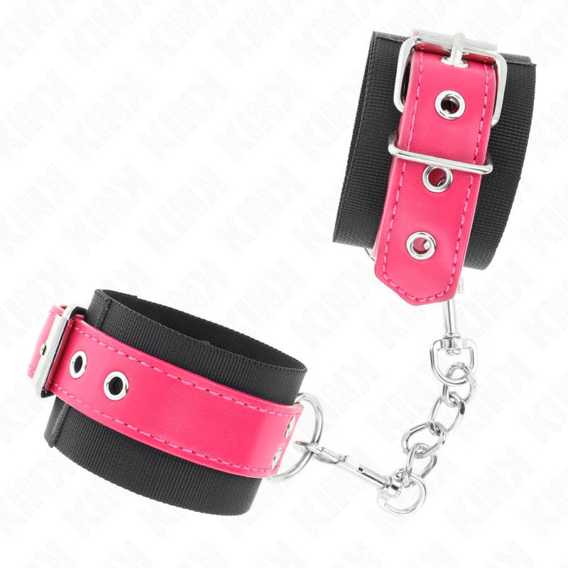 KINK - RESISTENZA DA POLSO IN NYLON NERO CON CINTURA IN SIMILPELLE ROSA LAMPONE REGOLABILE 19-29 CM X 5,1 CM – Sistemare le manette – foto 3