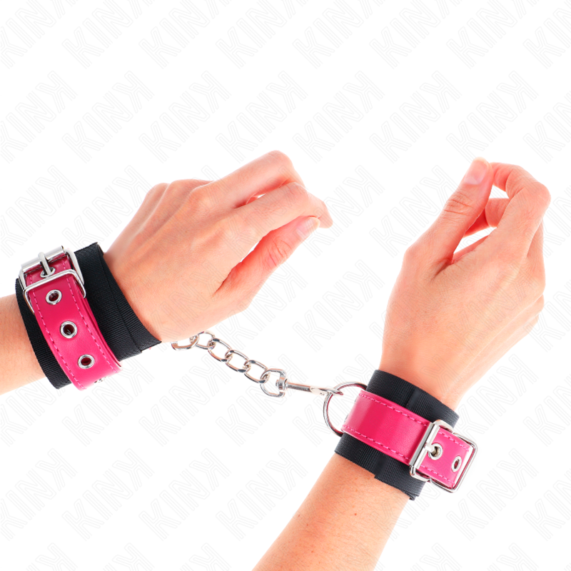 KINK - RESISTENZA DA POLSO IN NYLON NERO CON CINTURA IN SIMILPELLE ROSA LAMPONE REGOLABILE 19-29 CM X 5,1 CM – Sistemare le manette