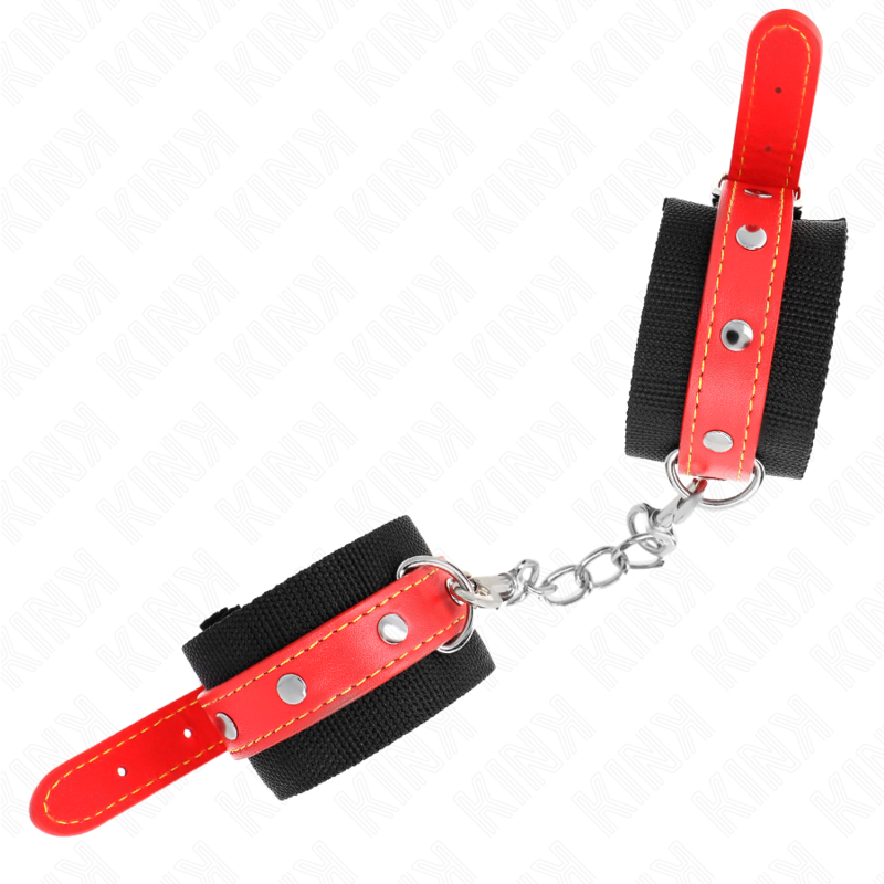 KINK - RESISTENZA DA POLSO IN NYLON NERO CON SIMILPELLE ROSSO REGOLABILE 19-24 CM X 5,5 CM – Sistemare le manette – foto 3