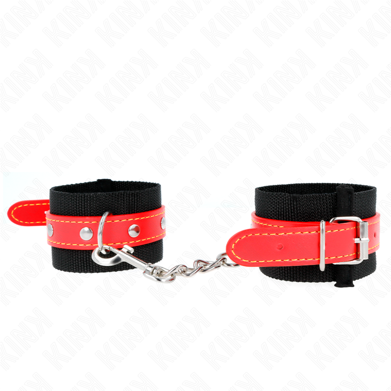 KINK - RESISTENZA DA POLSO IN NYLON NERO CON SIMILPELLE ROSSO REGOLABILE 19-24 CM X 5,5 CM – Sistemare le manette – foto 2