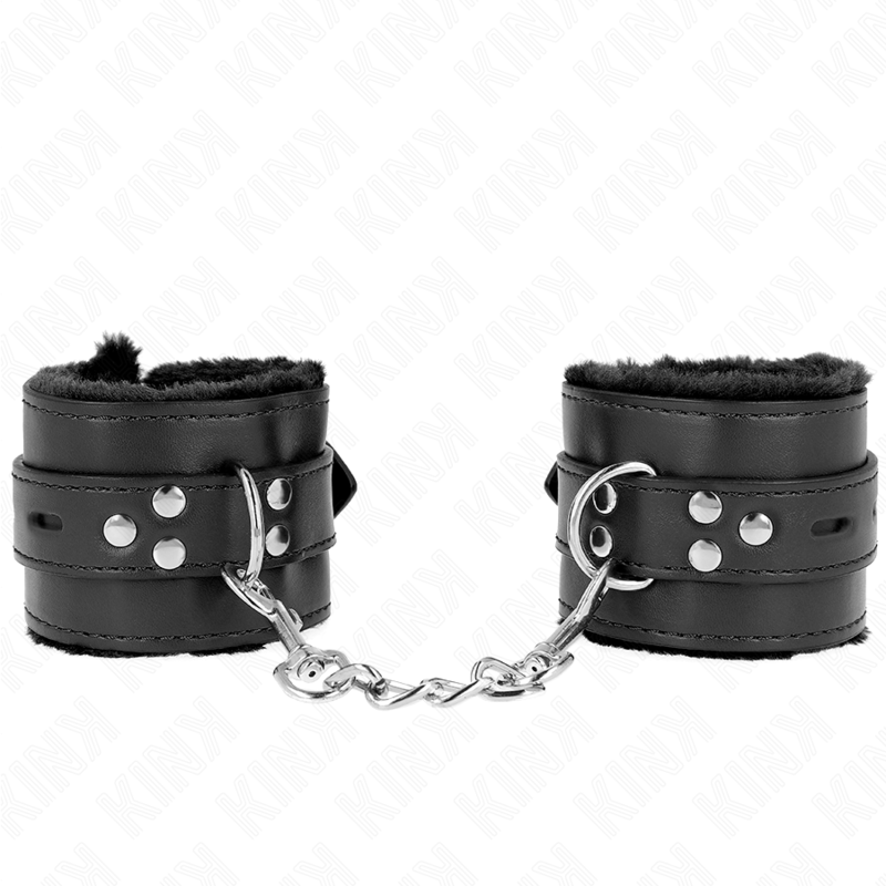 KINK - POLSINI IMBOTTITI IN PELLICCIA CON FORI QUADRI NERI E CINTURA NERA REGOLABILE 17-29 CM X 6 CM – Sistemare le manette – foto 2