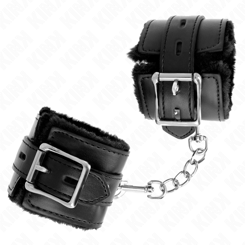 KINK - POLSINI IMBOTTITI IN PELLICCIA CON FORI QUADRI NERI E CINTURA NERA REGOLABILE 17-29 CM X 6 CM – Sistemare le manette – foto 3