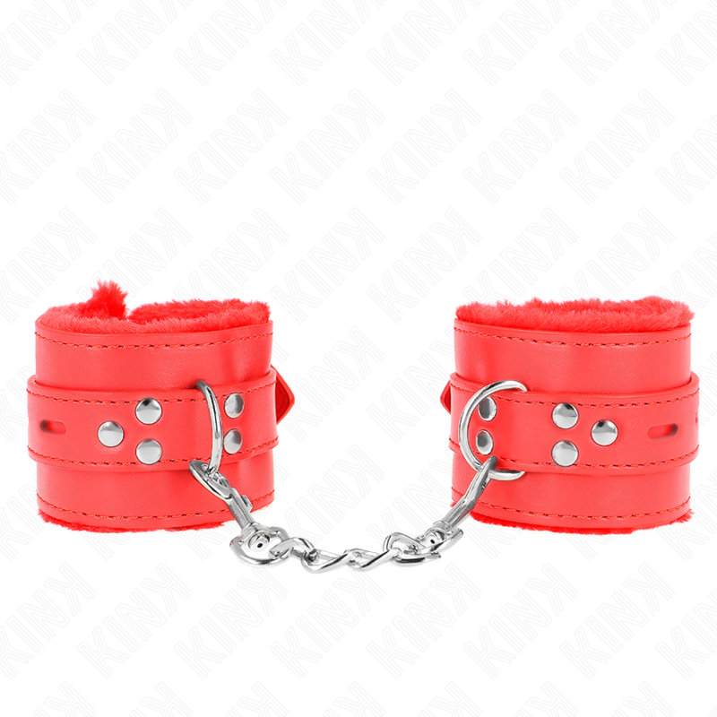 KINK - POLSINI IMBOTTITI IN PELLICCIA CON FORI QUADRI ROSSO E CINTURA ROSSA REGOLABILE 17-29 CM X 6 CM – Sistemare le manette – foto 2