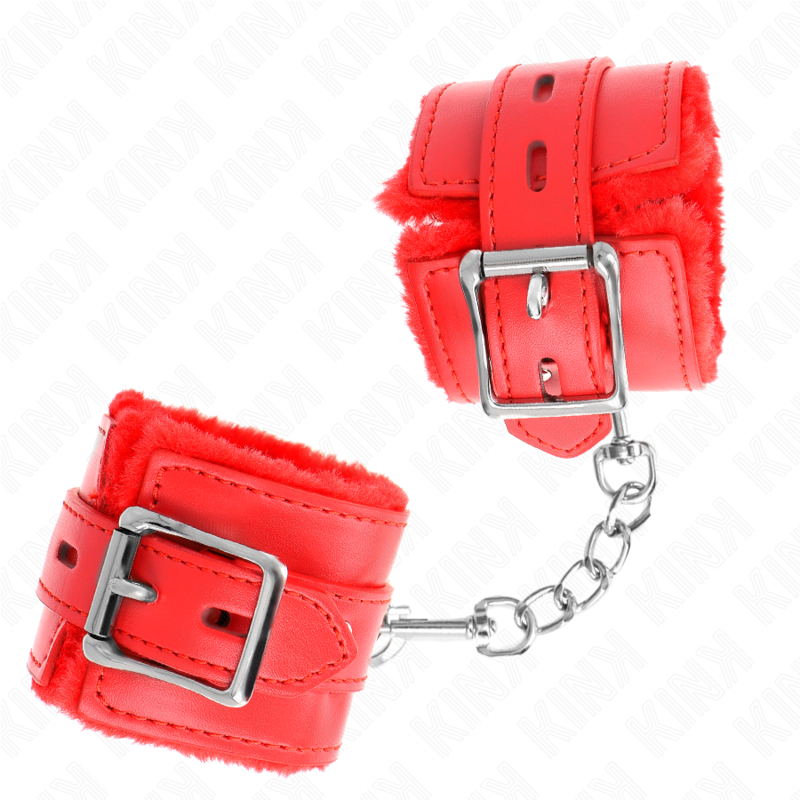 KINK - POLSINI IMBOTTITI IN PELLICCIA CON FORI QUADRI ROSSO E CINTURA ROSSA REGOLABILE 17-29 CM X 6 CM – Sistemare le manette – foto 3