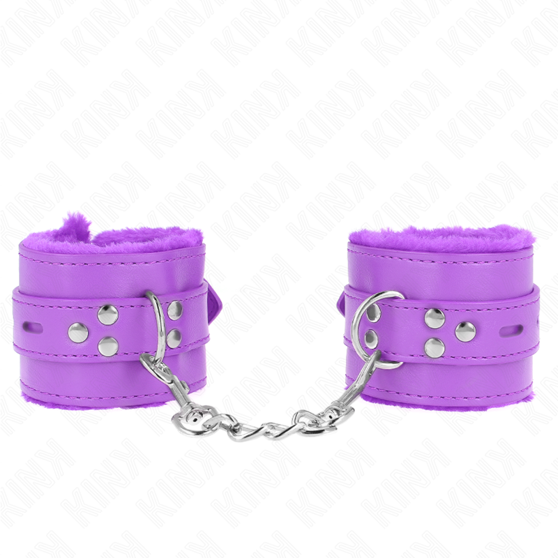 KINK - POLSINI IMBOTTITI IN PELLICCIA CON FORI QUADRI VIOLA E CINTURA VIOLA REGOLABILE 17-29 CM X 6 CM – Sistemare le manette – foto 2
