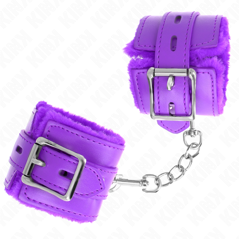 KINK - POLSINI IMBOTTITI IN PELLICCIA CON FORI QUADRI VIOLA E CINTURA VIOLA REGOLABILE 17-29 CM X 6 CM – Sistemare le manette – foto 3