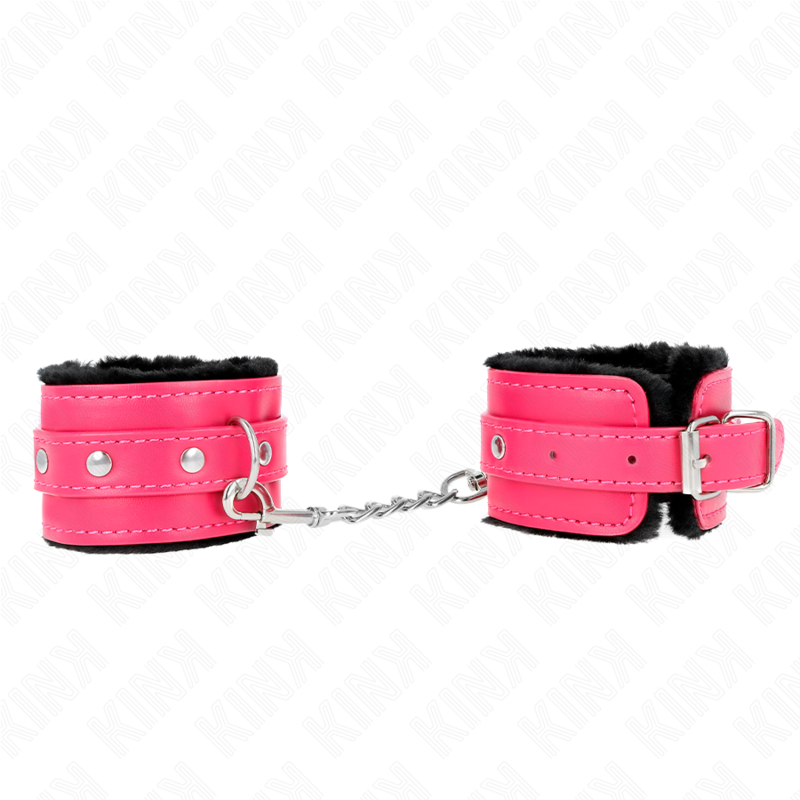 KINK - POGGIPOLSI PREMIUM FODERATI IN PELLICCIA NERI CON CINTURA ROSA LAMPONE REGOLABILE 17-29 CM X 6 CM – Sistemare le manette – foto 2