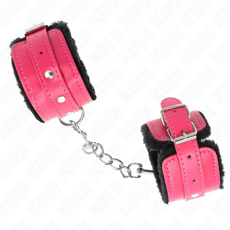KINK - POGGIPOLSI PREMIUM FODERATI IN PELLICCIA NERI CON CINTURA ROSA LAMPONE REGOLABILE 17-29 CM X 6 CM – Sistemare le manette – foto 3