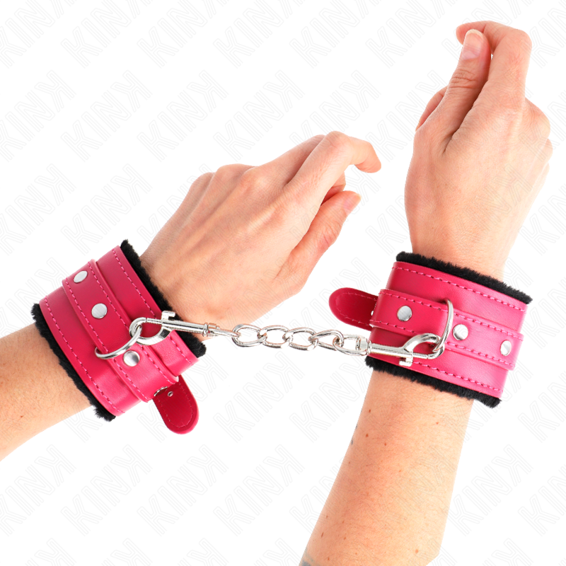 KINK - POGGIPOLSI PREMIUM FODERATI IN PELLICCIA NERI CON CINTURA ROSA LAMPONE REGOLABILE 17-29 CM X 6 CM – Sistemare le manette
