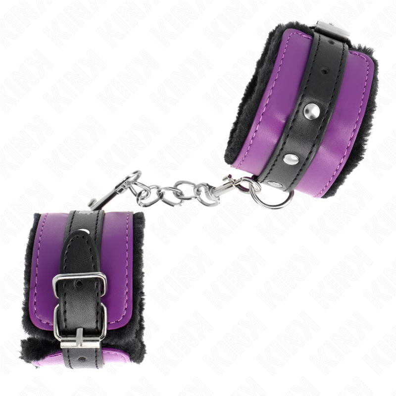 KINK - POGGIPOLSI PREMIUM FODERATI IN PELLICCIA NERI CON CINTURA VIOLA/NERA REGOLABILE 17-29 CM X 6 CM – Sistemare le manette – foto 3