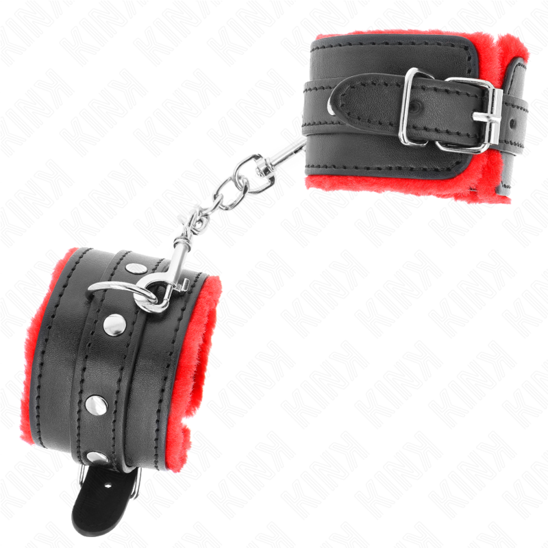 KINK - RESISTENZA DA POLSO PREMIUM FODERATA IN PELLICCIA ROSSO CON CINTURA NERA REGOLABILE 17-29 CM X 6 CM – Sistemare le manette – foto 3