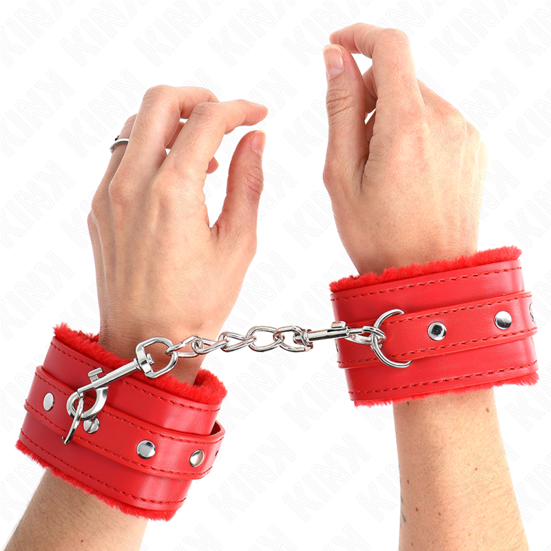 KINK - POGGIPOLSI PREMIUM IMBOTTITI IN PELLICCIA ROSSI CON CINTURA ROSSA REGOLABILE 17-29 CM X 6 CM – Sistemare le manette