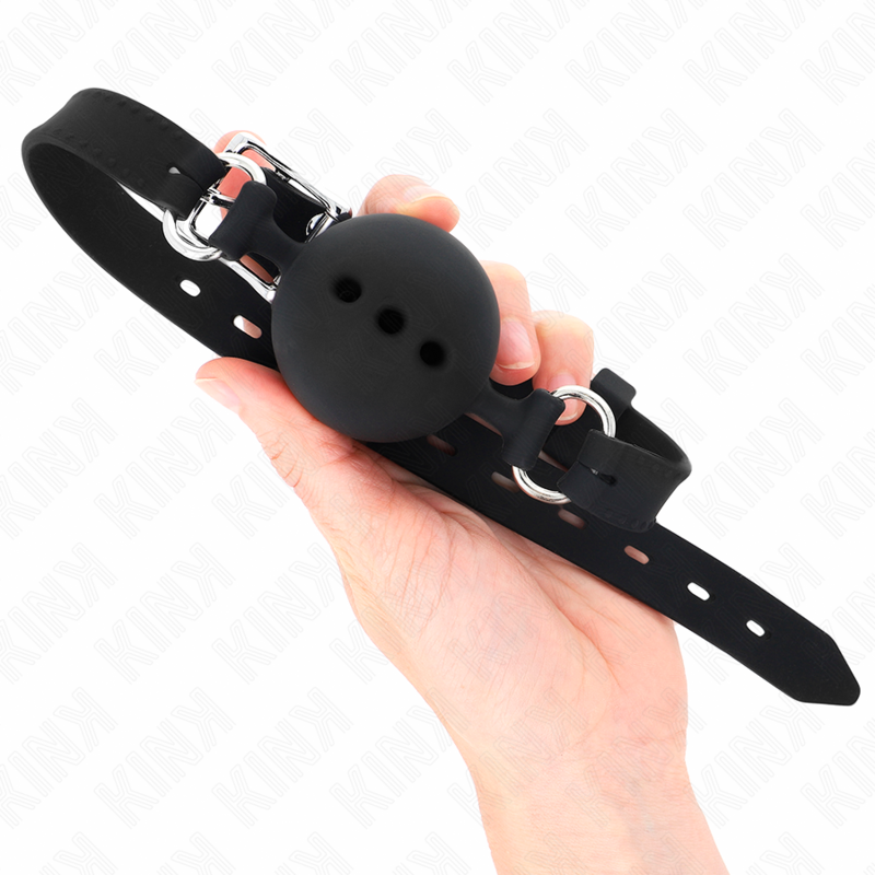 KINK - BAVAGLIO IN SILICONE INTERO 55 x 2 CM CON SFERA DA 4,5 CM MISURA M NERO REGOLABILE 35-51 CM – Mascelle – foto 2