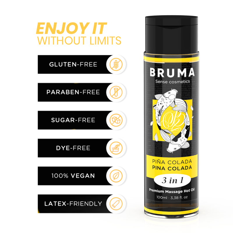 BRUMA - OLIO DA MASSAGGIO PREMIUM EFFETTO CALORE SAPORE PINA COLADA 3 IN 1 - 100 ML – Con effetto termico