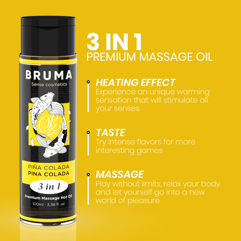 BRUMA - OLIO DA MASSAGGIO PREMIUM EFFETTO CALORE SAPORE PINA COLADA 3 IN 1 - 100 ML – Con effetto termico – foto 4