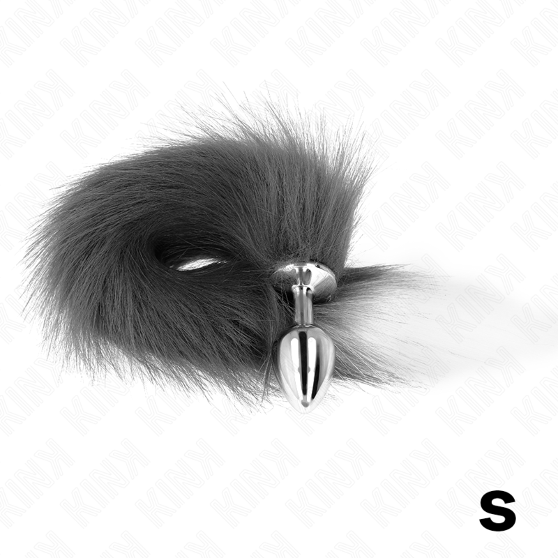 KINK - PLUG ANALE TAGLIA S 7 X 3 CM CON CODA SINTETICA 40 CM GRIGIO E BIANCO – Plug anale BDSM – foto 3