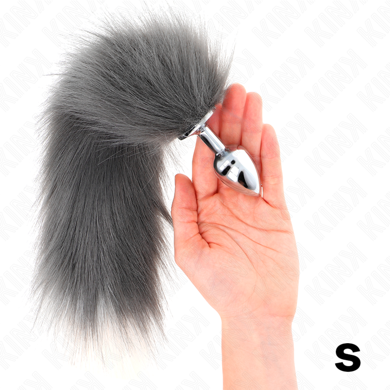 KINK - PLUG ANALE TAGLIA S 7 X 3 CM CON CODA SINTETICA 40 CM GRIGIO E BIANCO – Plug anale BDSM