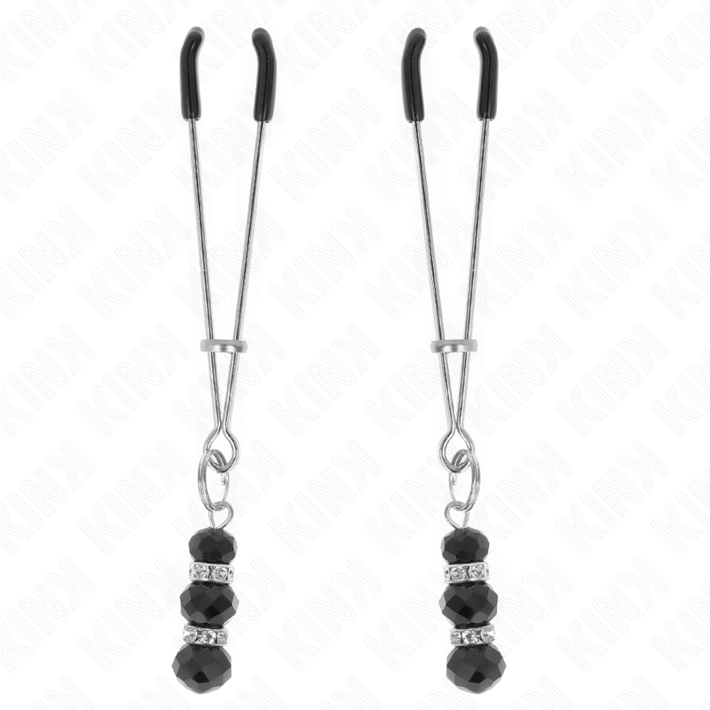 KINK - PINZE PER CAPEZZOLI SOTTILI ORO CON 3 PERLINE DI VETRO NERE 7 CM – Morsetti per capezzoli per sadomasochismo – foto 2