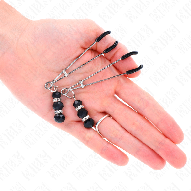 KINK - PINZE PER CAPEZZOLI SOTTILI ORO CON 3 PERLINE DI VETRO NERE 7 CM – Morsetti per capezzoli per sadomasochismo – foto 4