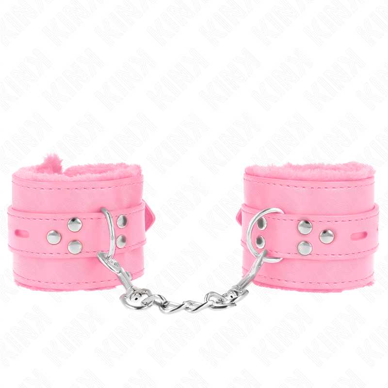 KINK - POLSINI IMBOTTITI IN PELLICCIA CON FORI QUADRI ROSA E CINTURA ROSA REGOLABILE 17-29 CM X 6 CM – Sistemare le manette – foto 2