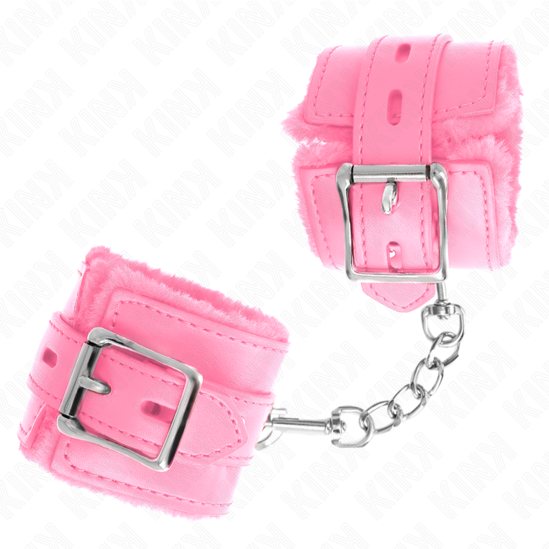 KINK - POLSINI IMBOTTITI IN PELLICCIA CON FORI QUADRI ROSA E CINTURA ROSA REGOLABILE 17-29 CM X 6 CM – Sistemare le manette – foto 3