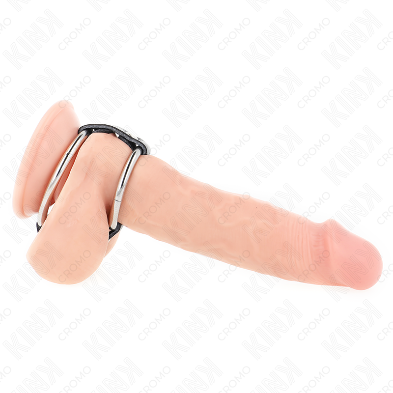KINK - DOPPIO ANELLO PER PENE IN METALLO DA 3,8 CM A 5 CM COLLEGATO CON PELLE – Anelli per pene in metallo BDSM – foto 2