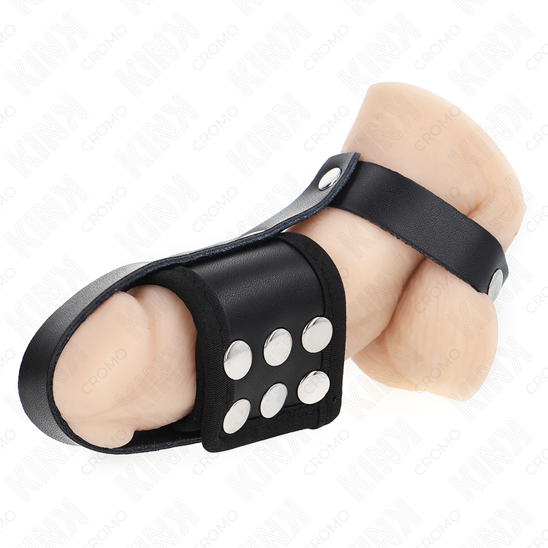 KINK - ANELLO PER GABBIA PER PENE IN PELLE CON CINTURINO DIVISORE PER PALLINE RIVESTITO REGOLABILE – Anelli per pene in metallo BDSM – foto 2