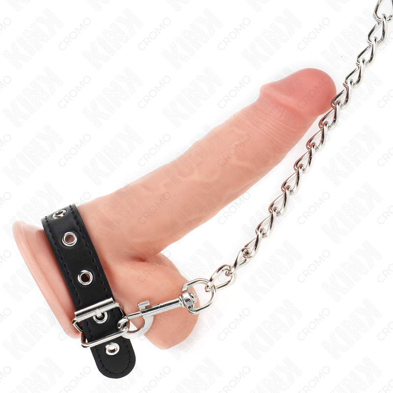 KINK - ANELLO PER PENE IN PELLE CON CINGHIA 21,5 X 2 CM E CATENA IN METALLO 60 CM – Anelli per pene in metallo BDSM – foto 2