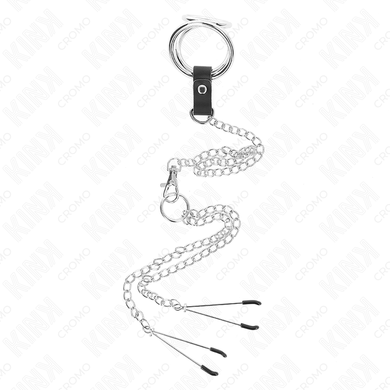 KINK - ANELLO PER PENE IN METALLO CROMATO TRIPLO DA 3 CM A 4,5 CM CON CATENA IN METALLO DA 26 CM E CLIP PER CAPEZZOLI – Anelli per pene in metallo BDSM – foto 3