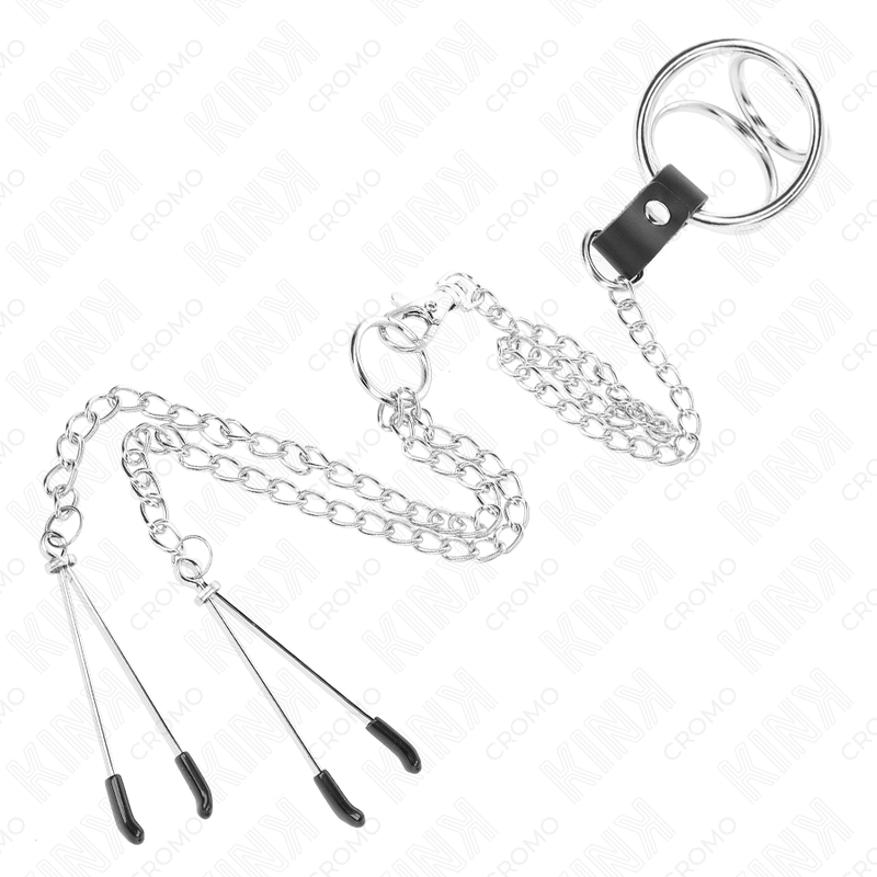 KINK - ANELLO PER PENE IN METALLO CROMATO TRIPLO DA 3 CM A 4,5 CM CON CATENA IN METALLO DA 26 CM E CLIP PER CAPEZZOLI – Anelli per pene in metallo BDSM – foto 4