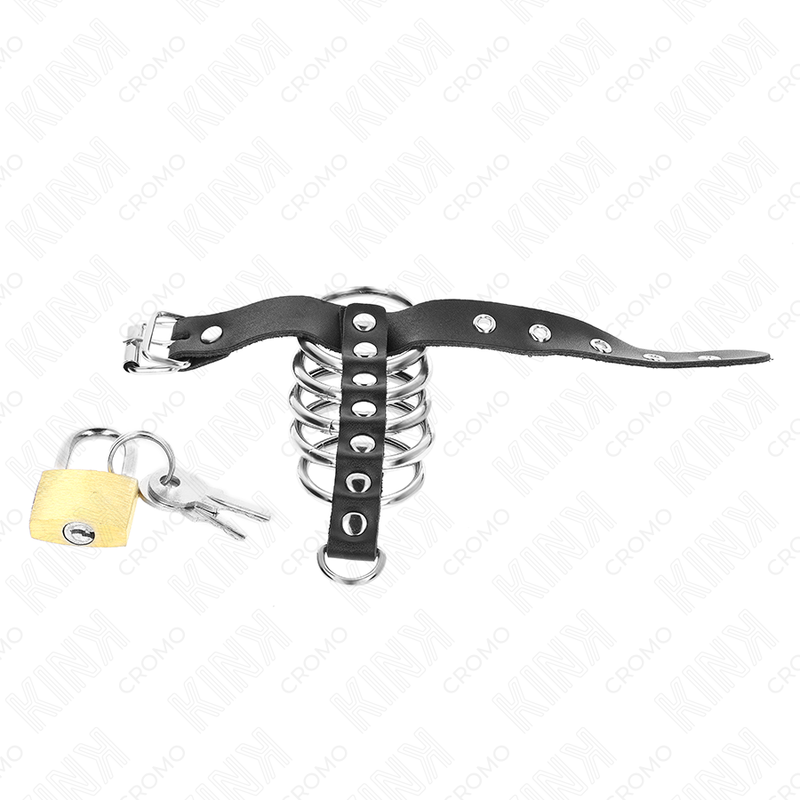 KINK - ANELLO PER PENE IN PELLE CON CINGHIA DI BLOCCAGGIO 21 X 2 CM E 5 ANELLI IN METALLO DA 3 CM A 4 CM – Anelli per pene in metallo BDSM – foto 5