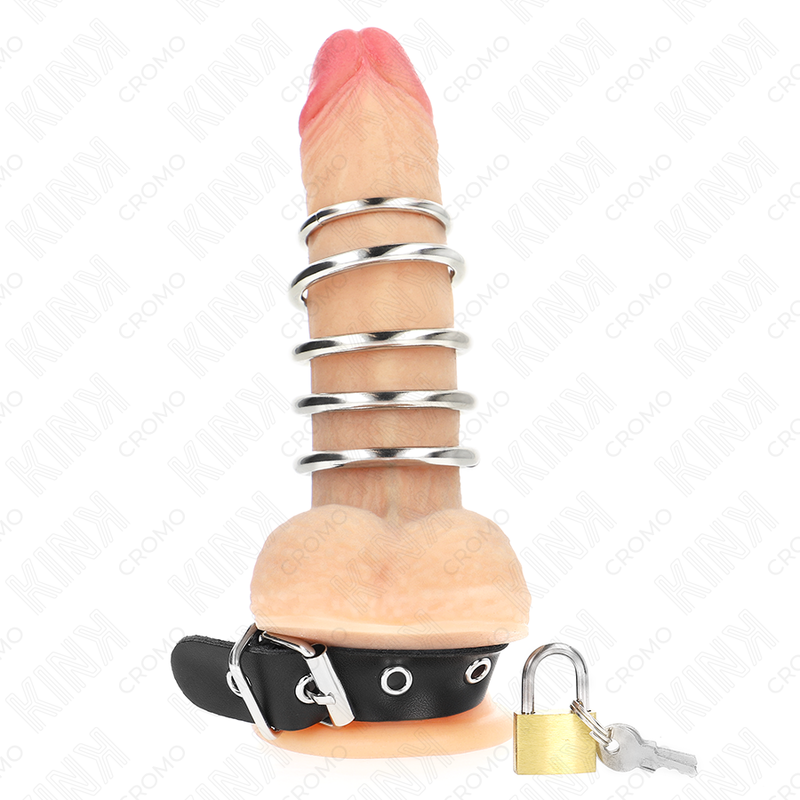 KINK - ANELLO PER PENE IN PELLE CON CINGHIA DI BLOCCAGGIO 21 X 2 CM E 5 ANELLI IN METALLO DA 3 CM A 4 CM – Anelli per pene in metallo BDSM – foto 2