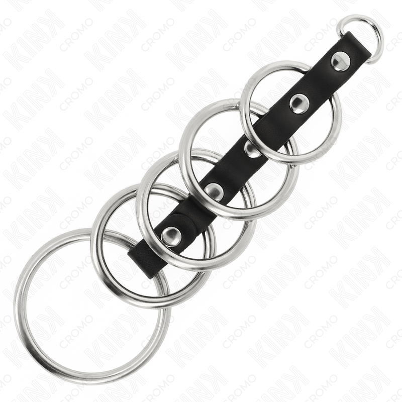 KINK - 5 ANELLI PER PENE IN METALLO DA 3,2 CM A 5 CM COLLEGATI DA PELLE – Anelli per pene in metallo BDSM – foto 4
