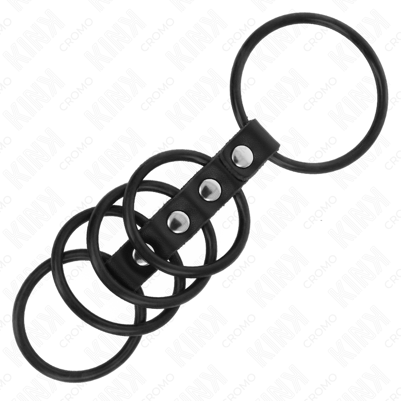 KINK - 5 ANELLI PER PENE IN SILICONE DA 3,8 CM A 4,8 CM COLLEGATI DA PELLE – Anelli per pene in metallo BDSM – foto 3