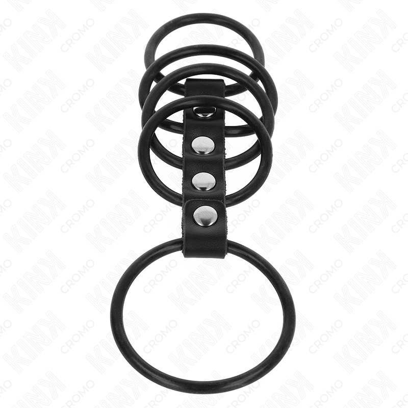 KINK - 5 ANELLI PER PENE IN SILICONE DA 3,8 CM A 4,8 CM COLLEGATI DA PELLE – Anelli per pene in metallo BDSM – foto 4