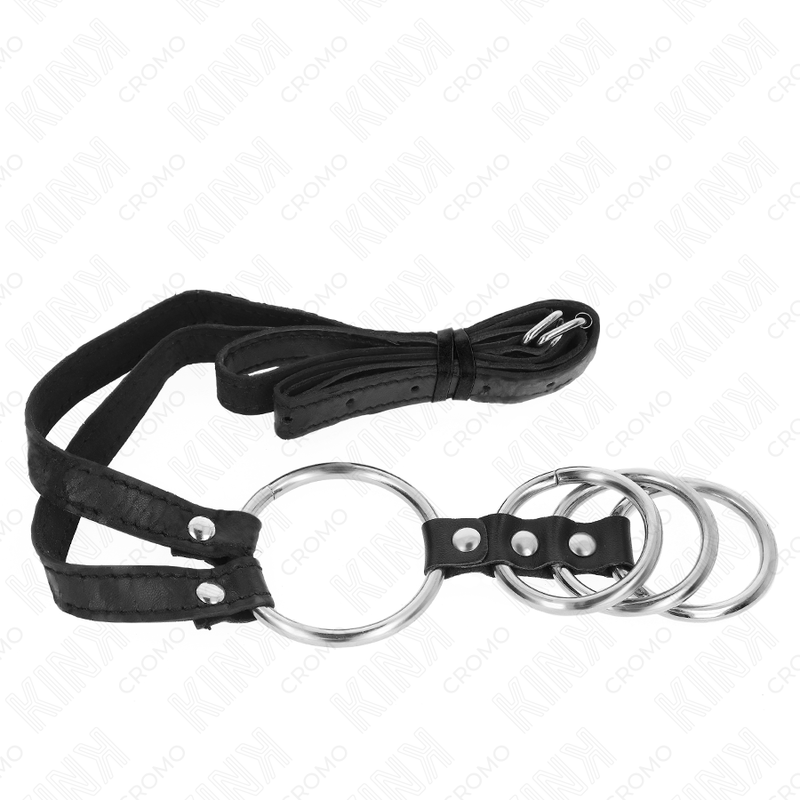 KINK - 4 ANELLI PER PENE IN METALLO COLLEGATI DA 3,8 CM A 5 CM CON CINTURA IN PELLE 112 CM – Anelli per pene in metallo BDSM – foto 4