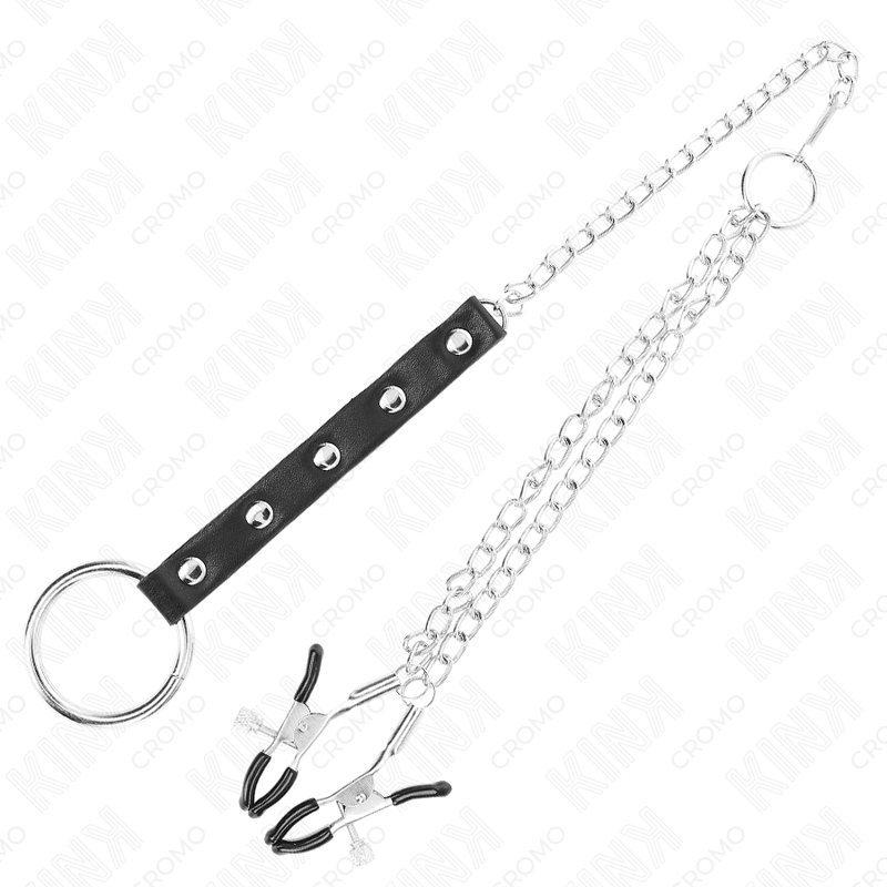 KINK - ANELLO PER PENE IN METALLO CON CATENA E MORSETTI PER CAPEZZOLI REGOLABILI – Anelli per pene in metallo BDSM – foto 4