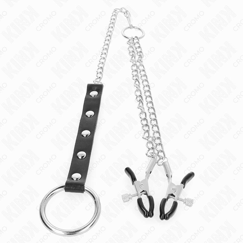 KINK - ANELLO PER PENE IN METALLO CON CATENA E MORSETTI PER CAPEZZOLI REGOLABILI – Anelli per pene in metallo BDSM – foto 3