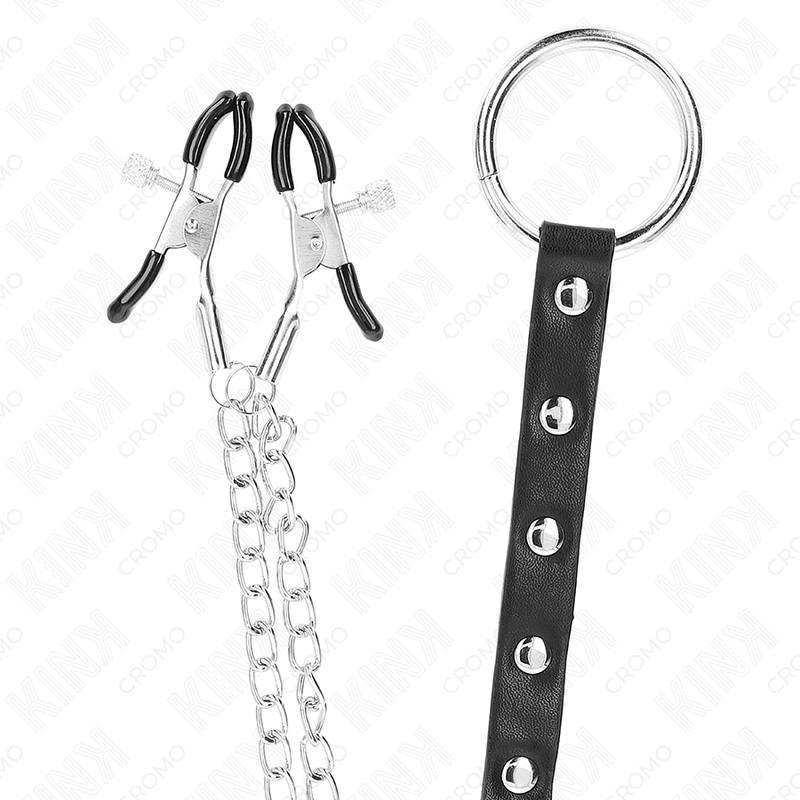 KINK - ANELLO PER PENE IN METALLO CON CATENA E MORSETTI PER CAPEZZOLI REGOLABILI – Anelli per pene in metallo BDSM – foto 5