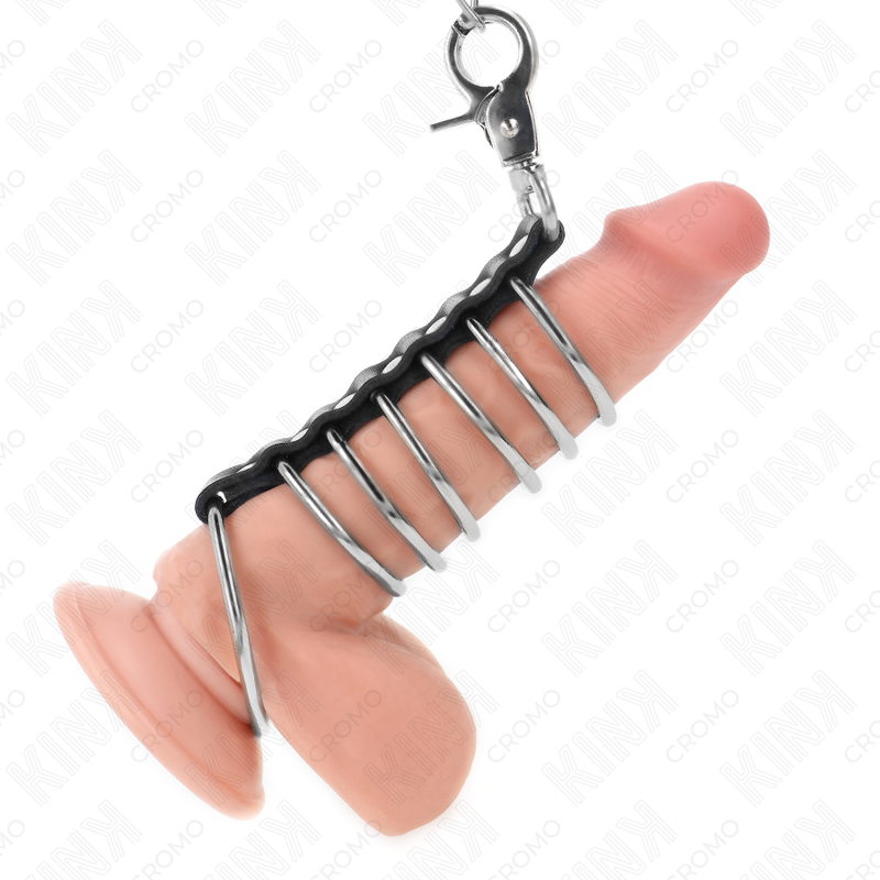 KINK - 7 ANELLI PER PENE IN METALLO DA 3,8 CM A 5 CM COLLEGATI CON PELLE E CATENA IN METALLO 100 CM – Cinghie per pene fetish