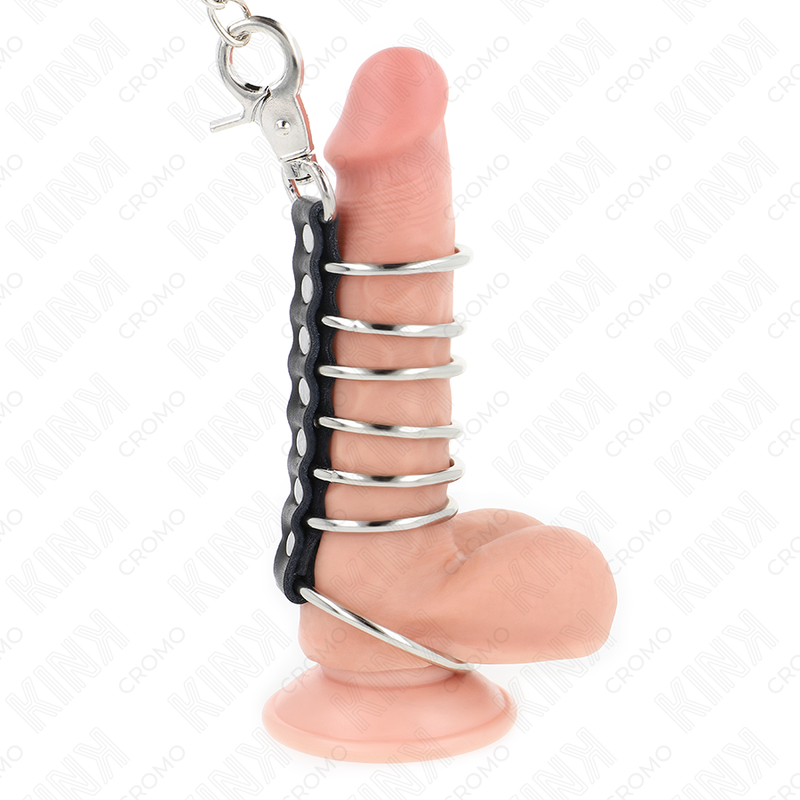 KINK - 7 ANELLI PER PENE IN METALLO DA 3,8 CM A 5 CM COLLEGATI CON PELLE E CATENA IN METALLO 100 CM – Cinghie per pene fetish – foto 2