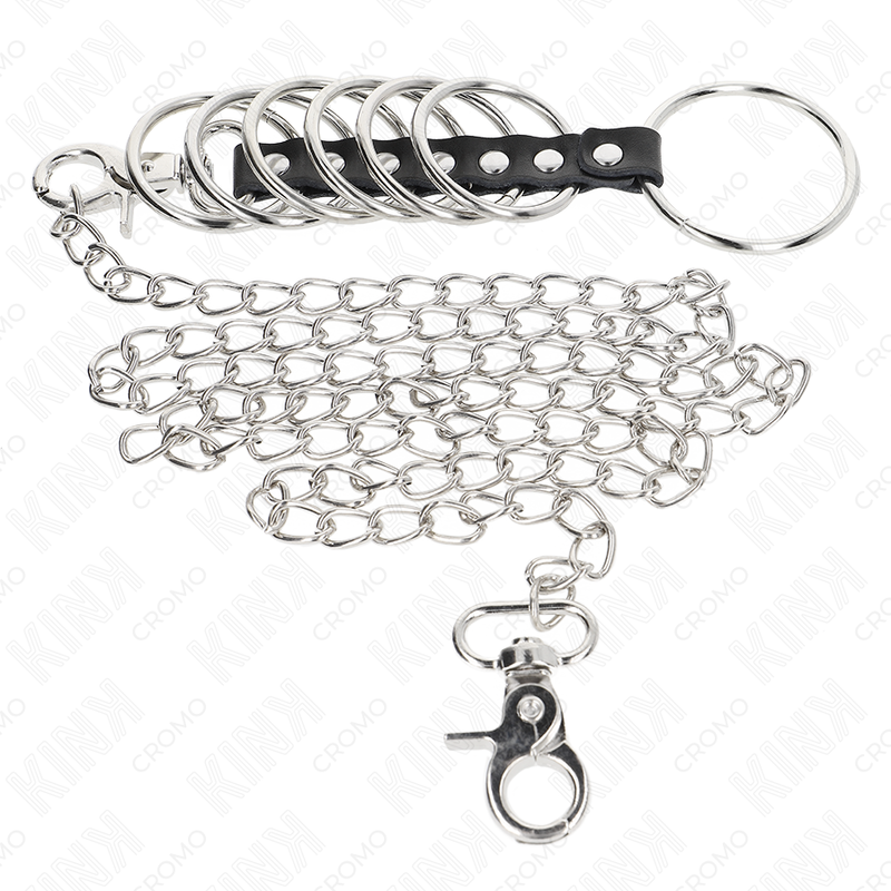 KINK - 7 ANELLI PER PENE IN METALLO DA 3,8 CM A 5 CM COLLEGATI CON PELLE E CATENA IN METALLO 100 CM – Cinghie per pene fetish – foto 3