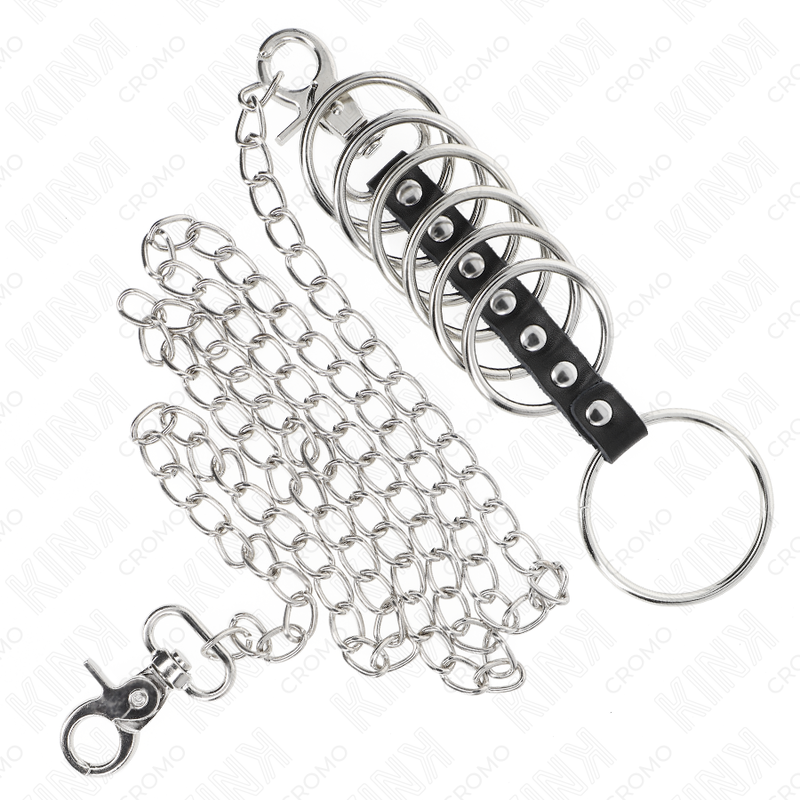 KINK - 7 ANELLI PER PENE IN METALLO DA 3,8 CM A 5 CM COLLEGATI CON PELLE E CATENA IN METALLO 100 CM – Cinghie per pene fetish – foto 4