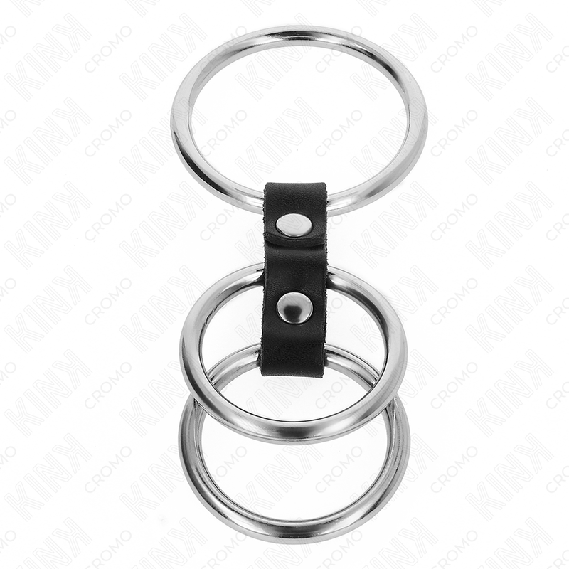 KINK - ANELLO PER PENE IN METALLO TRIPLO DA 3,7 CM A 5 CM COLLEGATO CON PELLE – Anelli per pene in metallo BDSM – foto 3